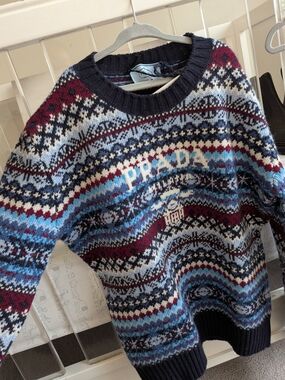 Prada Navy, Light Blue & Burgundy Fair Isle Crewneck Sweater